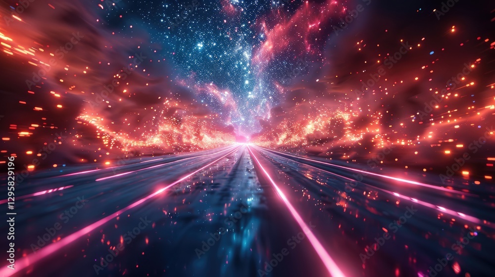 Obraz premium Futuristic tunnel with vibrant pink and blue lights. Abstract artwork of starry sky and planet with glowing red line and dark sky. Nebula outer space scene. Digital art for design and print. AIG53.