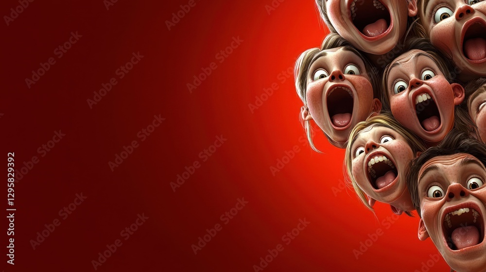 Fototapeta premium Cartoon faces screaming, red background. Possible use background, wallpaper