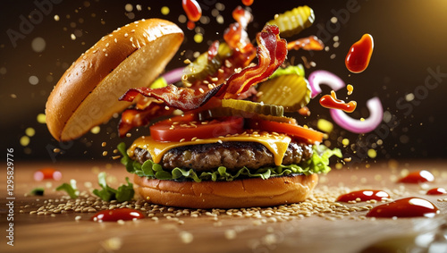 Flying ingredients in a burger