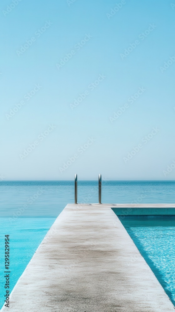 Obraz premium Tranquil Infinity Pool Overlooking Calm Sea Under Clear Blue Sky in Summer Resort Setting Ideal for Relaxation and Getaway