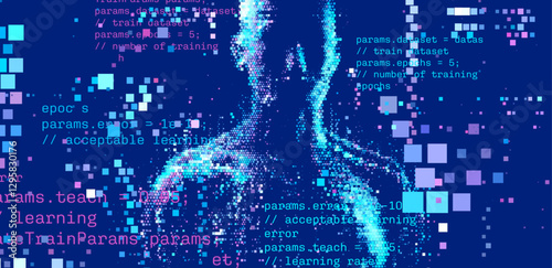 Digital vector illustration depicts artificial intelligence through a pixelated face and code snippets, symbolizing technology, data, and machine learning in a blue color scheme.