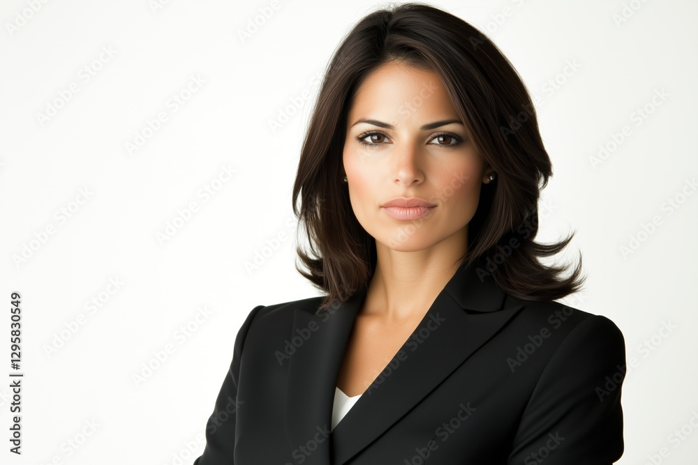 Confident businesswoman with dark hair wearing black blazer, looking serious against white background. Leadership and determination Confident businesswoman with dark hair wearing black blazer, looking serious against white background. Leadership and determination