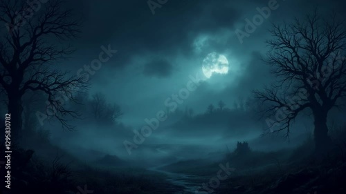Eerie moonlit landscape with fog, dark trees, and a winding path under a haunting sky
