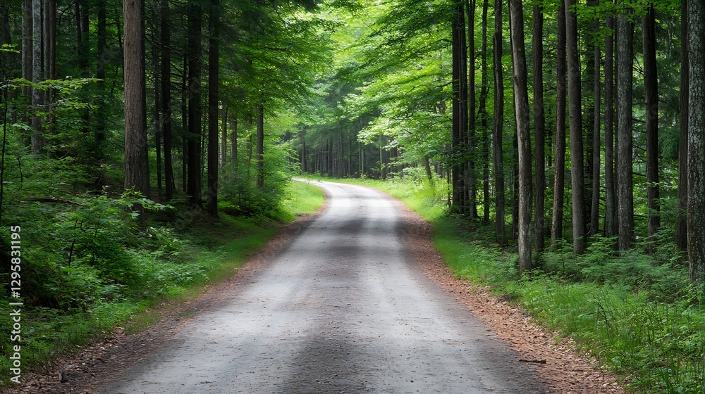 Obraz premium Scenic Forest Pathway Surrounded by Lush Green Trees Under Bright Natural Light : Generative AI