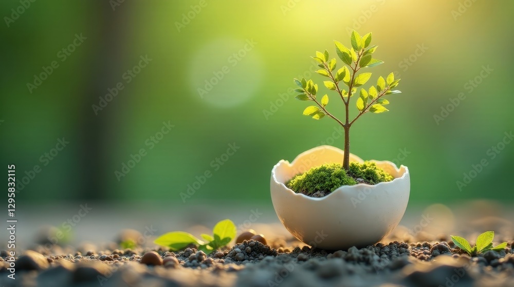 A small tree seedling thrives in an eggshell, symbolizing new life and growth, nurtured by the earth and bathed in sunlight. A small tree seedling thrives in an eggshell, symbolizing new life and growth, nurtured by the earth and bathed in sunlight.