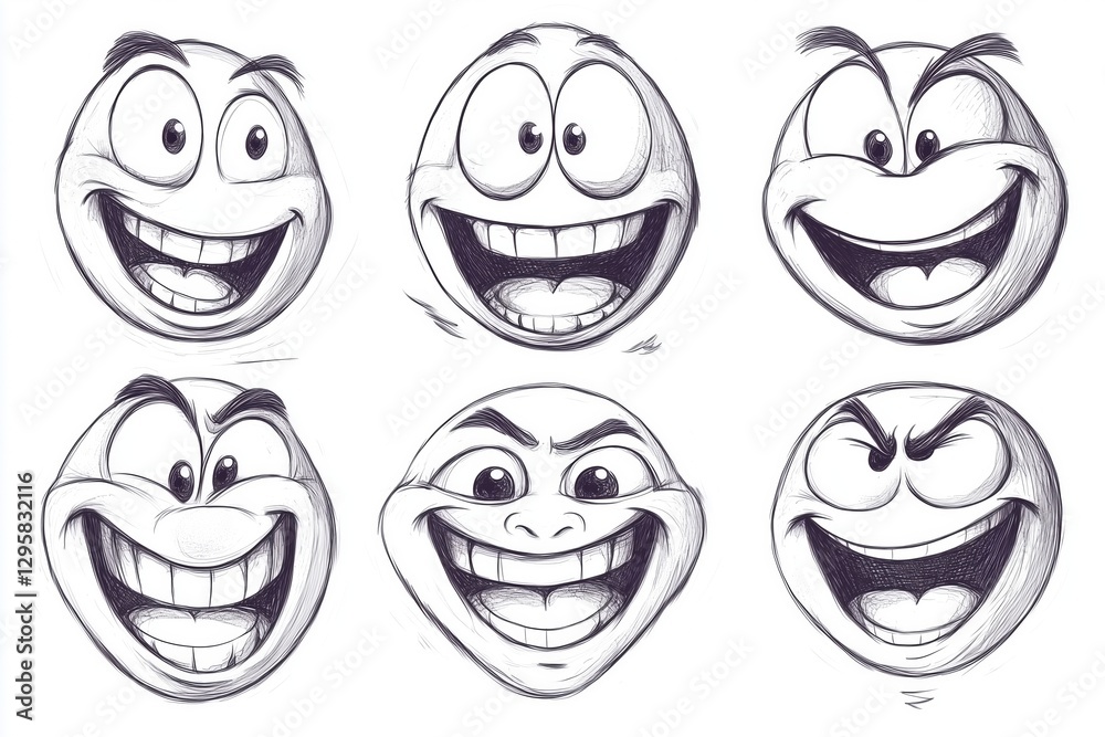 Set of expressive cartoon smiley faces with different emotions. Illustration, happiness, and communication Set of expressive cartoon smiley faces with different emotions. Illustration, happiness, and communication