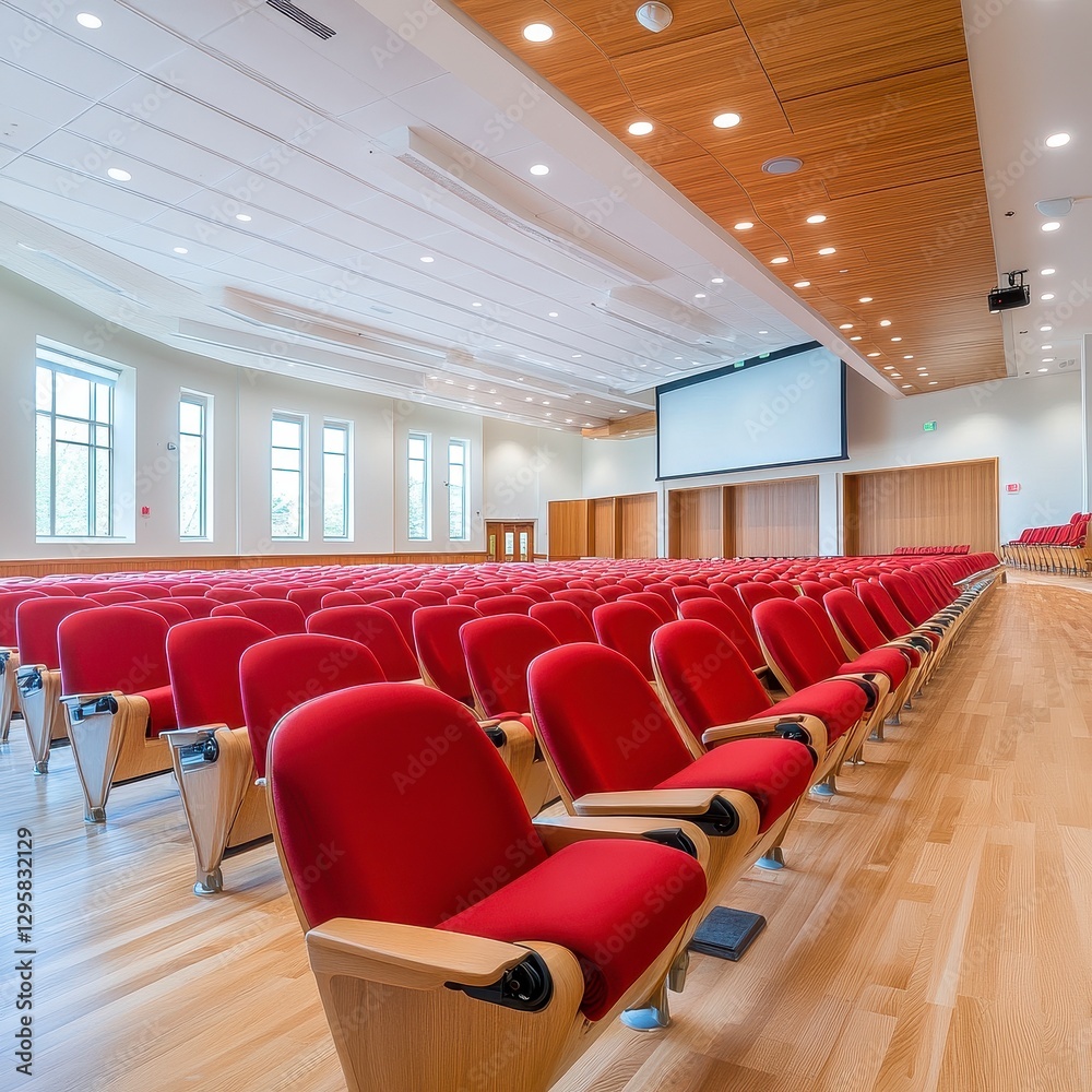 Discover the beauty and functionality of a modern auditorium interior, showcasing rows of comfortable red seating, pristine wooden floors, and a state-of-the-art projection screen, perfect for Discover the beauty and functionality of a modern auditorium interior, showcasing rows of comfortable red seating, pristine wooden floors, and a state-of-the-art projection screen, perfect for