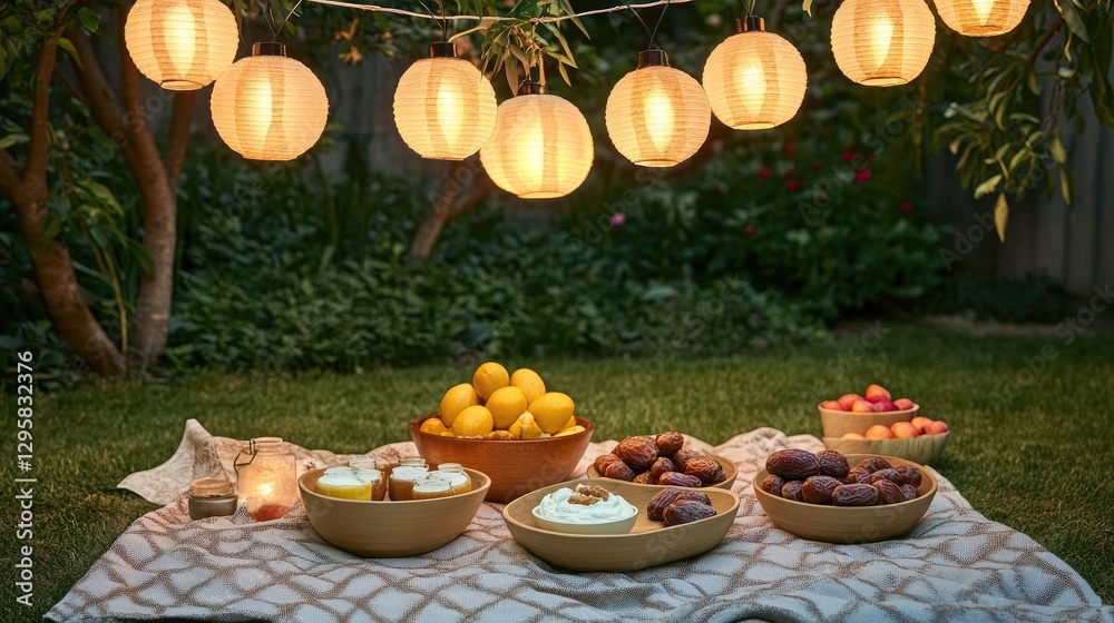 Naklejka premium A serene garden setup featuring a string of lanterns above a picnic blanket with bowls of fresh fruits