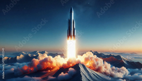Space rocket launching upwards, illustration