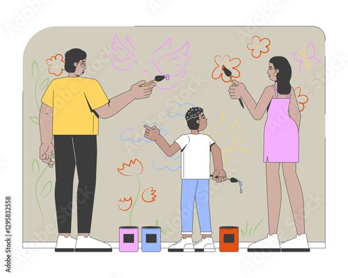 Community wall mural painting 2D vector illustration. Child creativity. Black family with son paint brushing on public wall flat characters isolated on white background. Colorful cartoon image