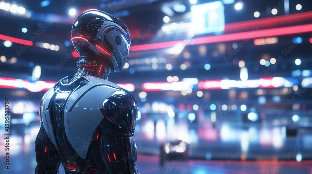 Futuristic Robot with Sleek Design Standing in a High-Tech Environment Filled with Neon Lights and Advanced Technology Futuristic Robot with Sleek Design Standing in a High-Tech Environment Filled with Neon Lights and Advanced Technology