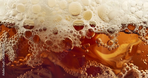 Extreme Close-up of a Rich Caramel-Colored Root Beer Bottle with Frothy Foam Topping