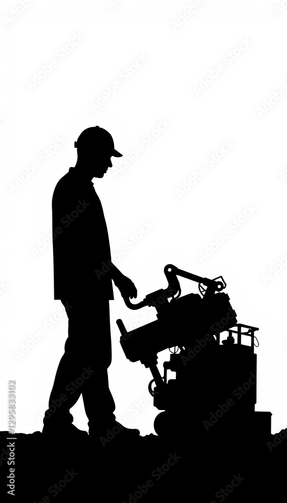 Obraz premium Anonymous factory worker operating machinery in seamless white setting, industry symbolism