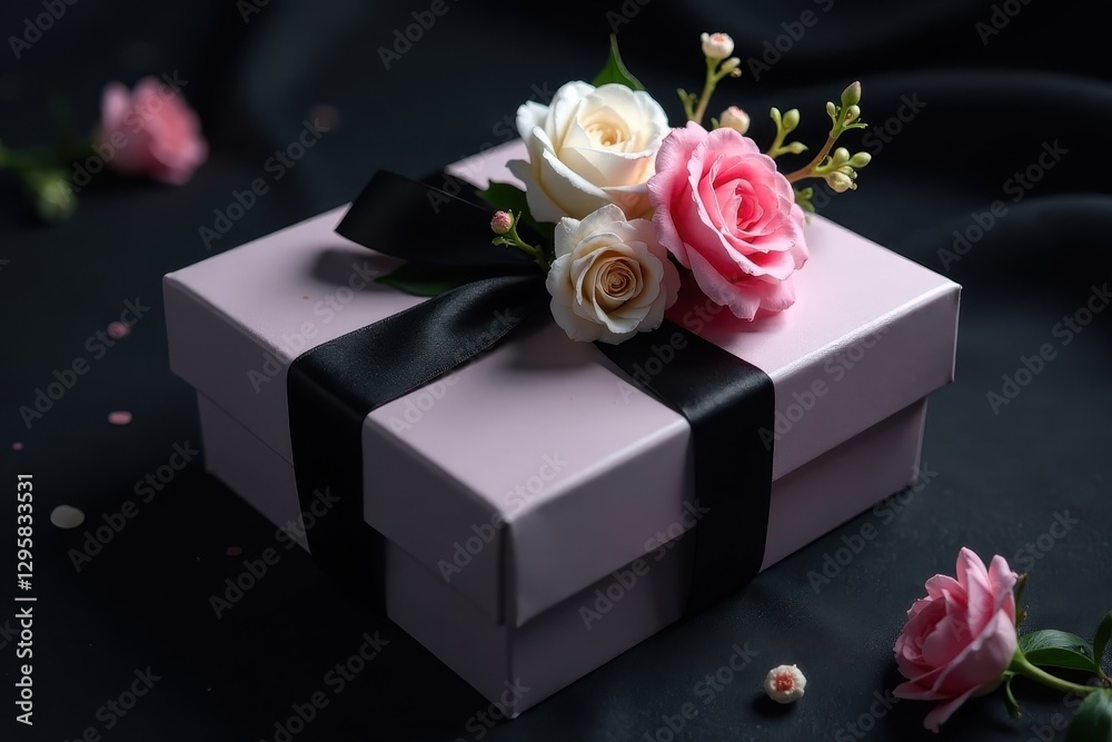 Fototapeta premium A delicately adorned pastel gift box, tied with a sleek black ribbon and embellished with a trio of exquisite roses, rests elegantly on a dark surface.