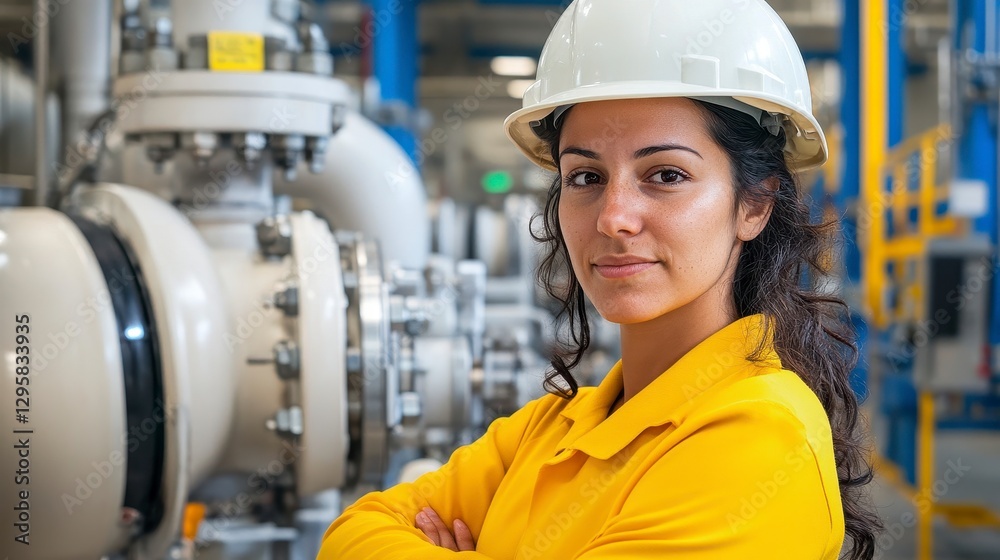 custom made wallpaper toronto digitalConfident female engineer standing proudly amidst the complex machinery of an industrial plant, showcasing her expertise in manufacturing and engineering processes Wearing a protective hard hat and