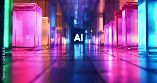 AI concept. Corridor with square columns form the word 