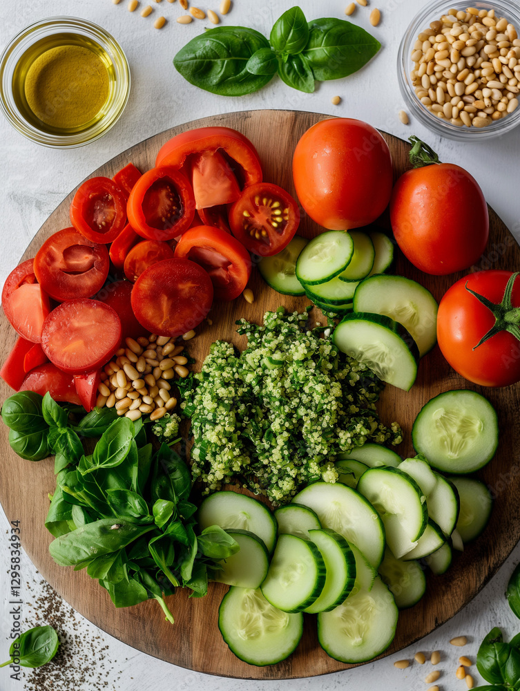 Fresh Vegetables and Grains on Wooden Board for Healthy Eating.