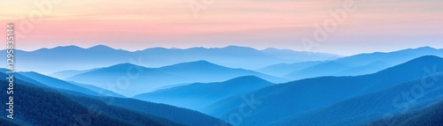 A serene mountain landscape with soft blue hues and gentle slopes under a pastel sky, evoking tranquility and natural beauty.