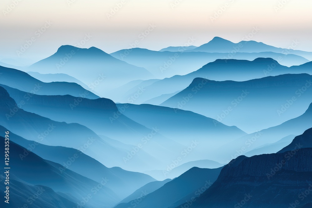 Fototapeta premium A serene view of layered blue mountains shrouded in mist, creating a tranquil and atmospheric landscape.