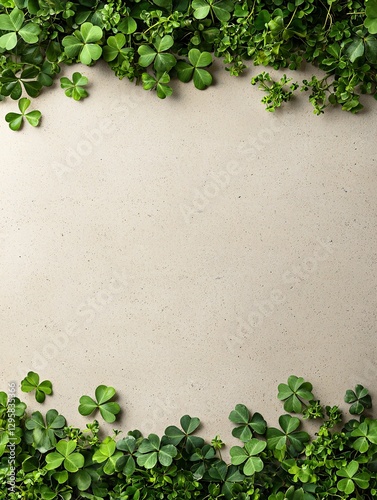 St. Patrick’s Day Irish Culture concept. Green clover leaves frame a neutral background, creating a fresh, natural aesthetic ideal for invitations or eco-friendly designs.