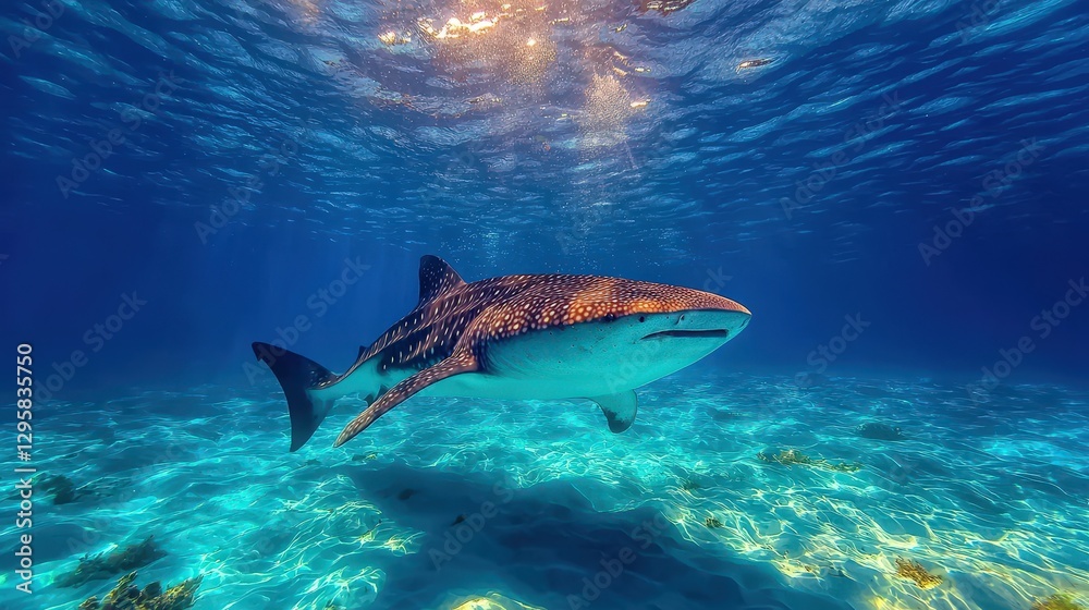 Fototapeta premium A large spotted whale shark swims serenely underwater with sunlight