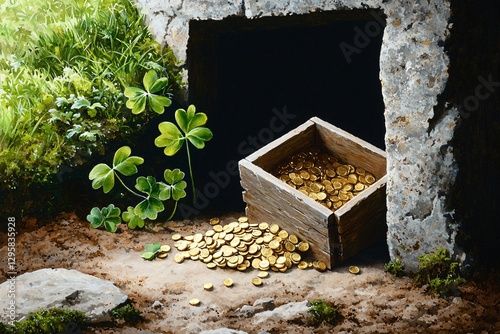 St. Patrick’s Day Irish Culture concept. A wooden box overflowing with gold coins rests at the entrance of a stone cave, surrounded by lush greenery and clovers. photo