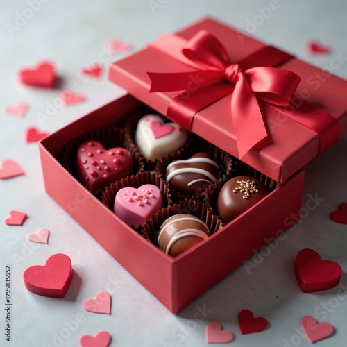 Box of assorted chocolates with ribbon, Valentine's Day theme , packaging, white