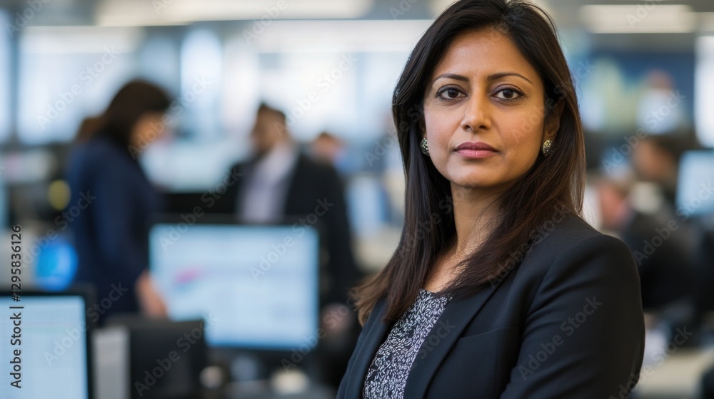 Fototapeta premium Confident Businesswoman in Modern Office Environment with Focused Expression and Professional Attire, Impressing Colleagues in Background