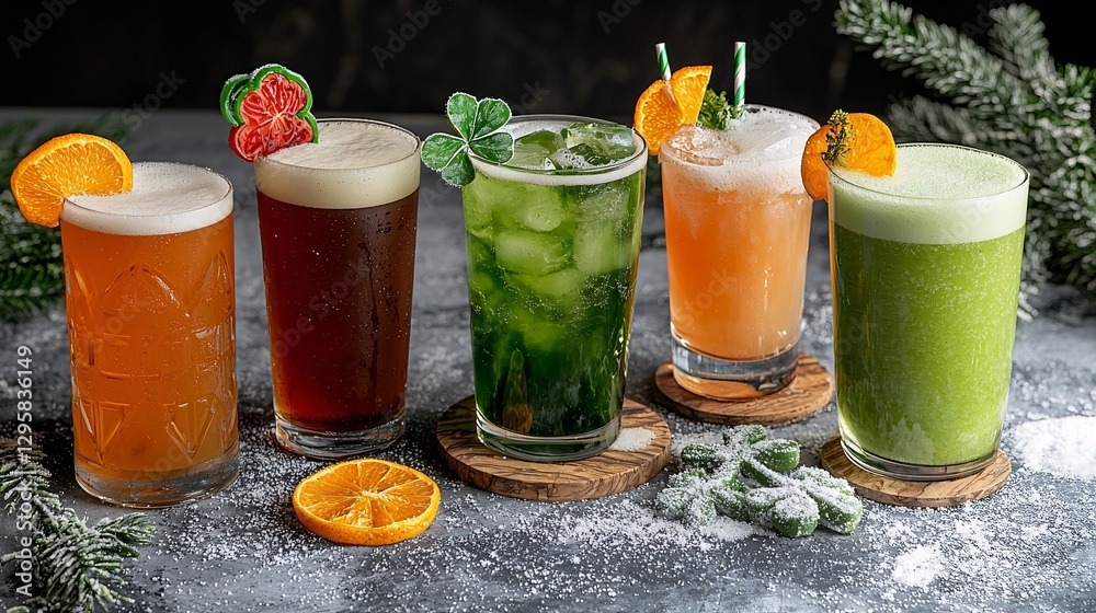 St. Patrick’s Day Irish Culture concept. A vibrant display of colorful cocktails garnished with fruits, set against a festive backdrop of greenery and snow-like decoration.