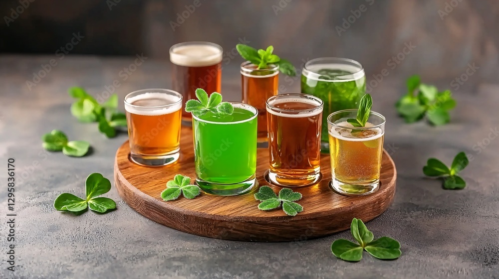 St. Patrick’s Day Irish Culture concept. A variety of colorful drinks in small glasses, surrounded by fresh green clovers on a wooden platter.