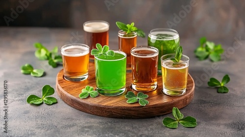 Obraz na płótnie St. Patrick’s Day Irish Culture concept. A variety of colorful drinks in small glasses, surrounded by fresh green clovers on a wooden platter. w salonie