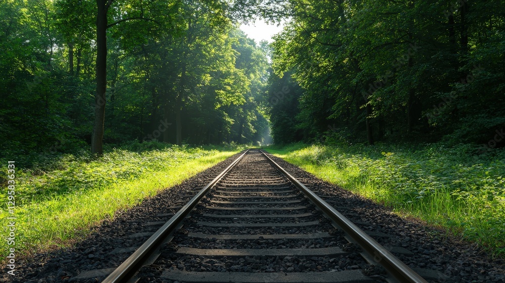 Railway tracks leading into lush forest with sunlight filtering through trees Railway tracks leading into lush forest with sunlight filtering through trees