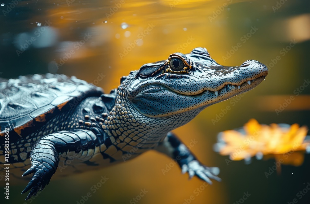 Fototapeta premium Close-Up of a Beautiful Alligator Swimming in Clear Water with Vibrant Yellow Background and Floating Lily Pad Capturing Nature's Wonders and Serenity