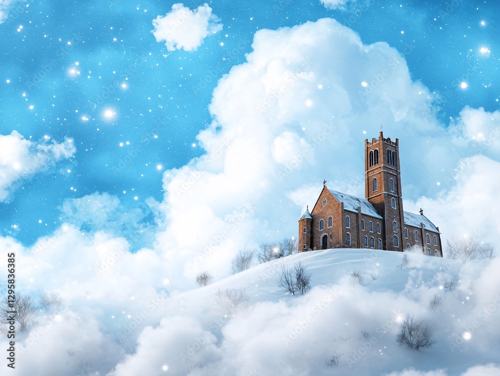 A serene winter landscape featuring a snow-covered church tower amidst fluffy clouds and a bright blue sky.