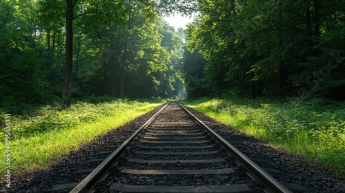 Railway tracks leading into lush forest with sunlight filtering through trees