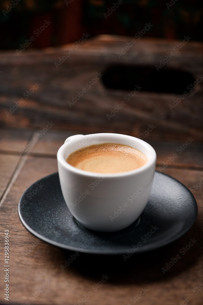 Cup of coffee on wooden background. Soft focus. Copy space.	