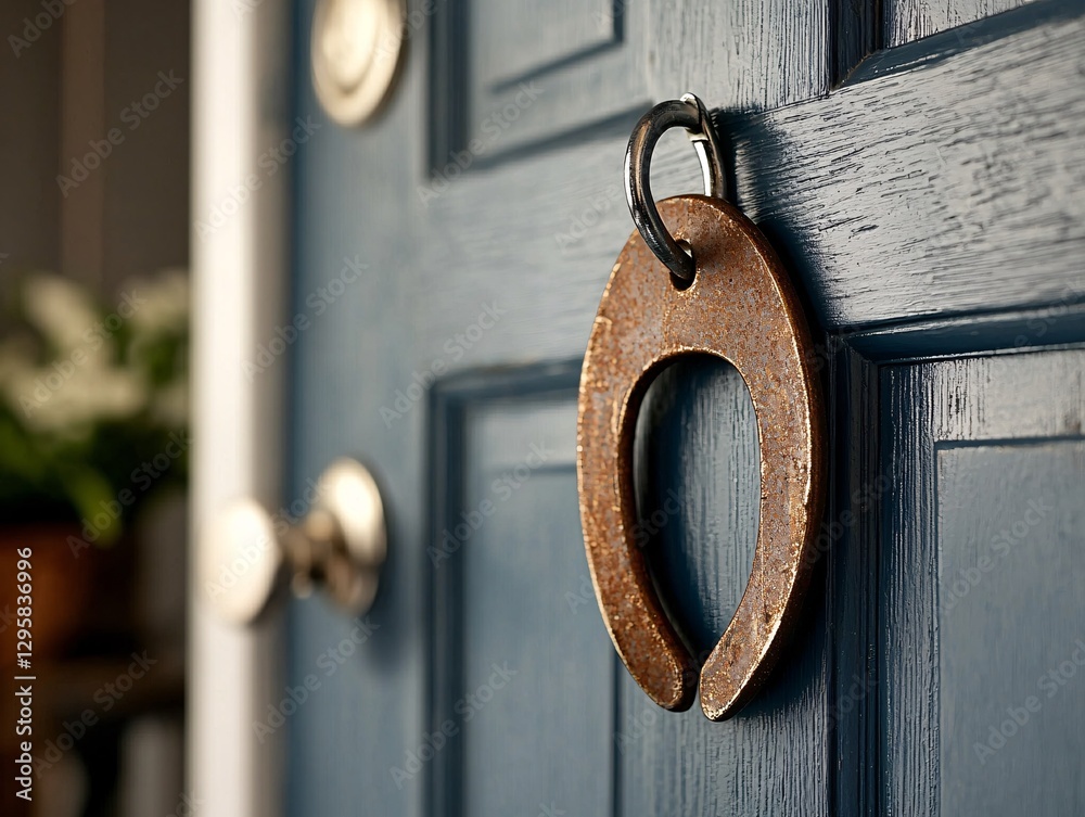 St. Patrick’s Day Irish Culture concept. A rustic horseshoe door knocker hangs on a blue door, adding charm and character to the entrance.