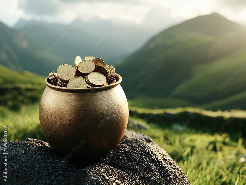 St. Patrick’s Day Irish Culture concept. A pot of gold overflowing with coins sits on a rock in a lush green landscape against a backdrop of rolling hills.