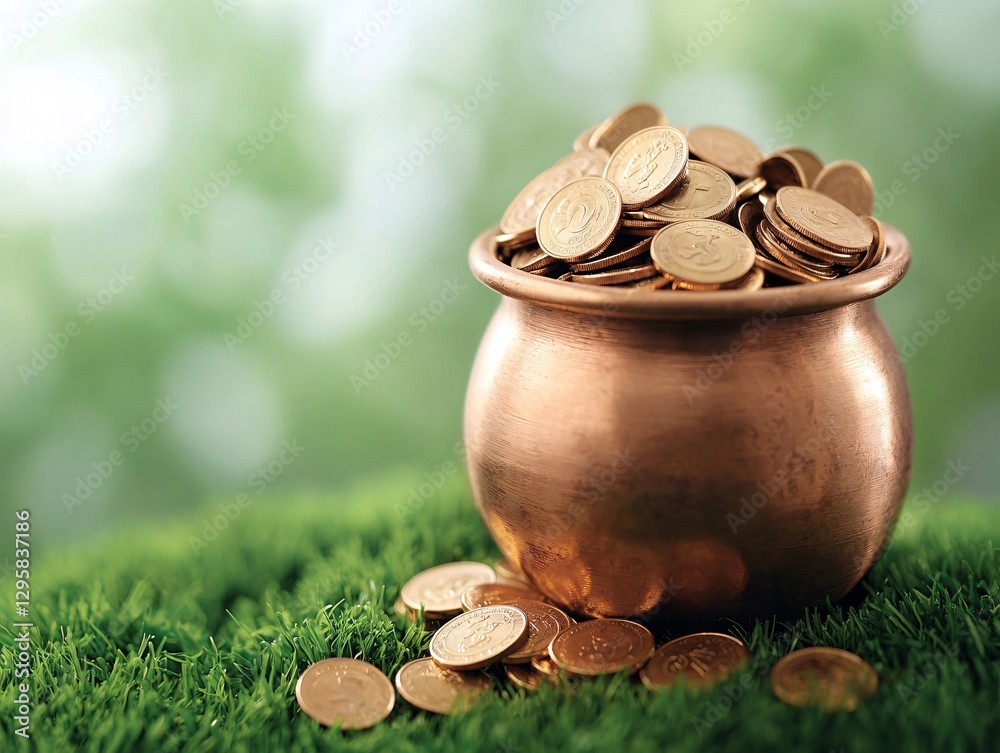 St. Patrick’s Day Irish Culture concept. A pot overflowing with coins sits on green grass, symbolizing wealth and prosperity in a natural setting.