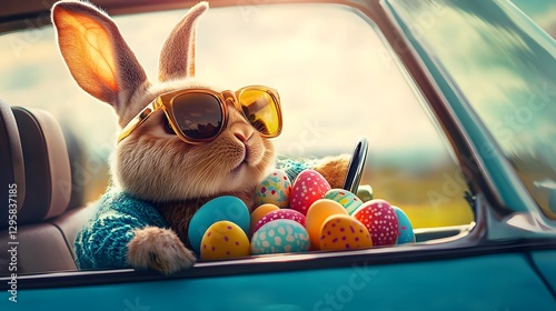 Easter Bunny Wearing Sunglasses and Sweater, Sitting in the Front Seat of a Car. Easter Eggs Visible in the Car's Windows. Sunny Day with Pastel Colors. High-Resolution Photography.