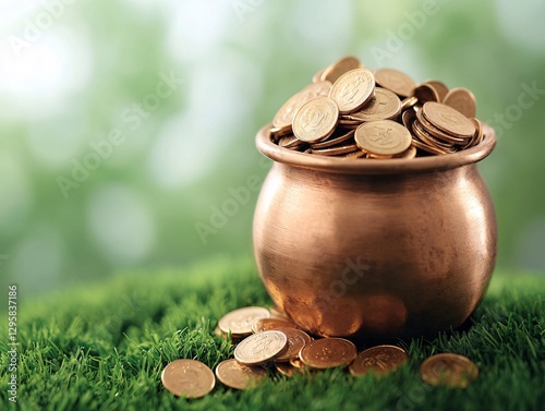 Obraz na płótnie St. Patrick’s Day Irish Culture concept. A pot overflowing with coins sits on green grass, symbolizing wealth and prosperity in a natural setting. w salonie