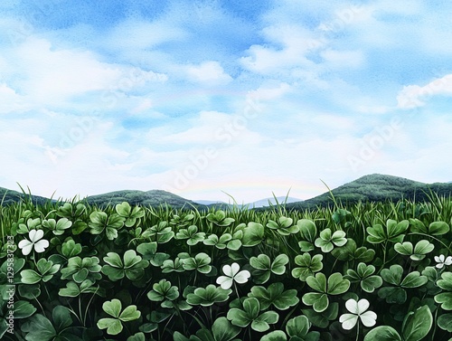 St. Patrick’s Day Irish Culture concept. Lush green landscape with clover and white flowers under a bright blue sky with distant hills in the background.