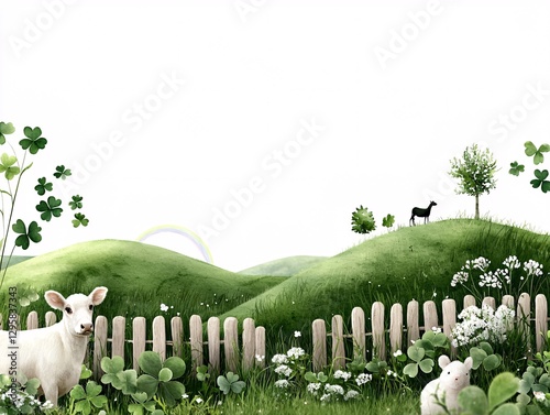 St. Patrick’s Day Irish Culture concept. A serene countryside scene featuring green hills, a wooden fence, sheep, and a horse amidst lush vegetation and flowers.