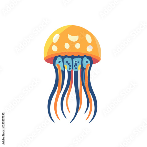 Simple flat 2D icon colorful jellyfish isolated on a transparent background, vector, flat design, animation design, vector, flat design, sea animals, simple flat 2D icon, minimalist design