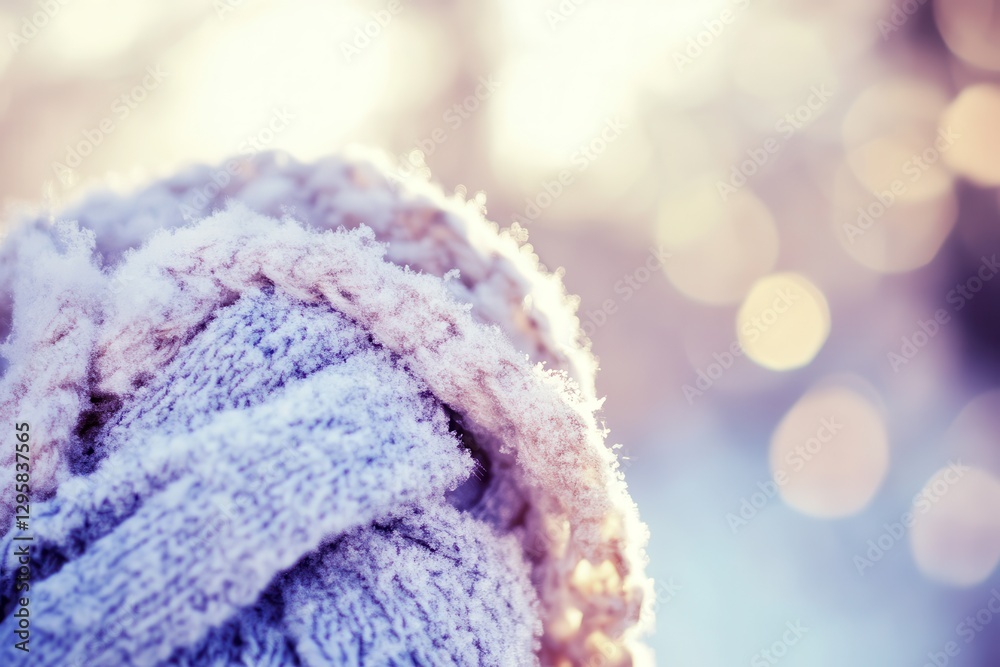 Snowy knit hat, winter sun, blurred background, cold weather Snowy knit hat, winter sun, blurred background, cold weather