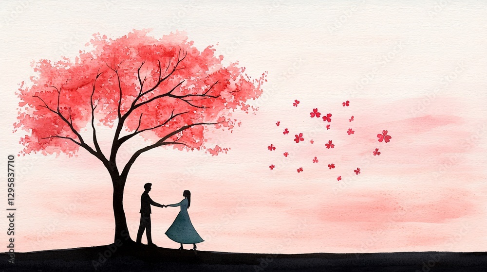 St. Patrick’s Day Irish Culture concept. A couple dances under a pink tree with falling petals, creating a romantic and whimsical atmosphere.