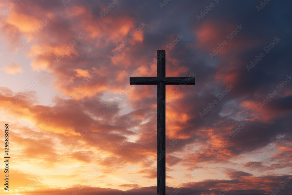 Stormy sky framing a radiant Easter cross silhouette, symbolizing Good Friday and Christian devotion, leaving space for text. Banner Stormy sky framing a radiant Easter cross silhouette, symbolizing Good Friday and Christian devotion, leaving space for text. Banner