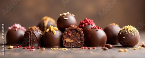 Collection of artisan chocolate truffles, diverse fillings, bite,  decadent, food styling
