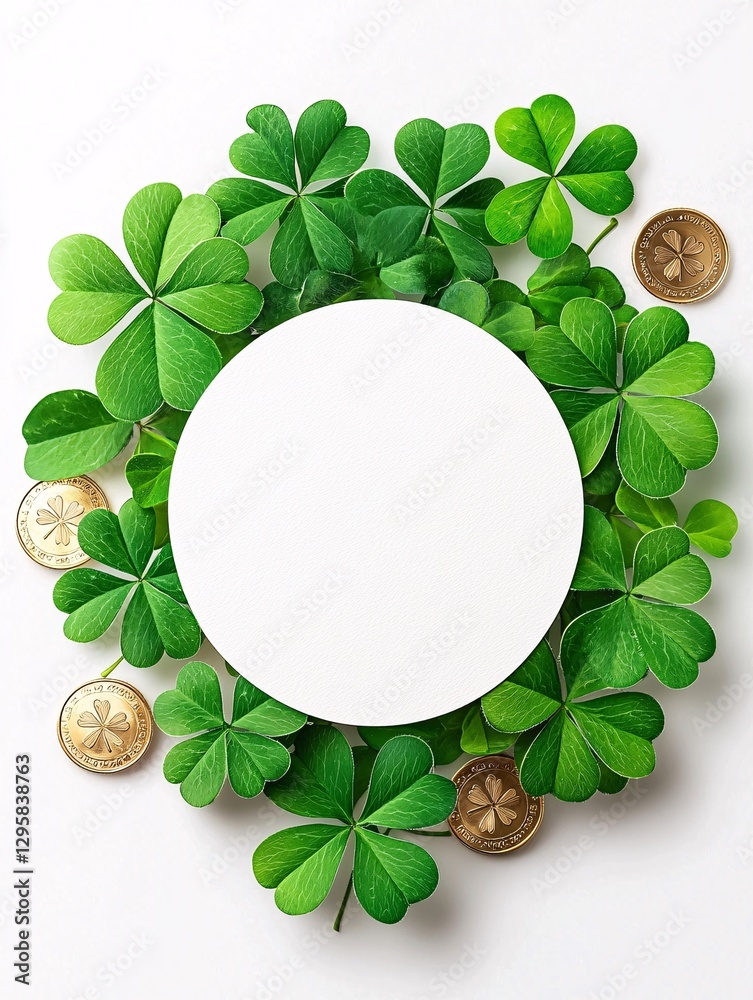 St. Patrick’s Day Irish Culture concept. A circular frame of green shamrocks surrounds a blank white space and golden coins, symbolizing luck and celebration.