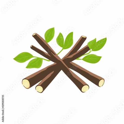 Simple flat 2D illustration of licorice root isolated on a white background, ai licorice root with green leaves